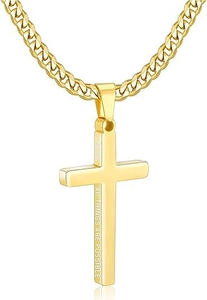 Close-up of gold cross pendant with engraved biblical text on a thick curb chain