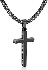 Detail of black stainless steel cross pendant with 4:13 engraving and cuban chain