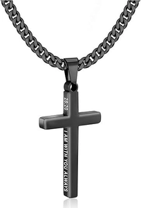 Detail of black stainless steel cross pendant with side engraving on Cuban chain