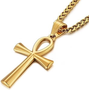 Polished gold Ankh cross pendant necklace with classic woven chain detail