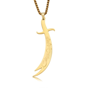 Gold stainless steel necklace with Arabic Zulfikar sword pendant and box chain