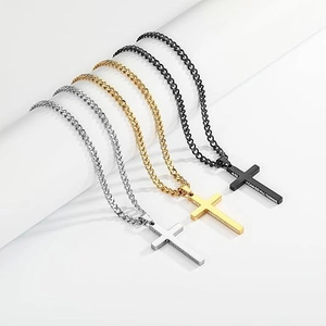 Stainless Steel Cross Pendant Necklace Bible Verse Engraved Cuban Link Chain Polished Religious Jewelry For Men Women
