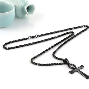 Ancient Egyptian Ankh cross pendant necklace in matte black metal with wheat chain