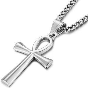 Polished silver Ankh cross pendant necklace with a wheat chain for men and women