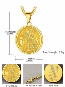 Detailed view of Saint Michael medal necklace showing back engraving and 24-inch square chain
