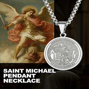 Saint Michael protector medallion necklace in polished silver stainless steel with box chain
