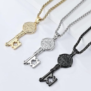 Vintage Stainless Steel St Benedict Medal Exorcist Key Pendant Necklace For Men Women Retro Religious Jewelry Fashion Gift