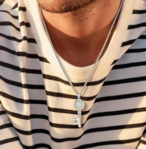 Saint Benedict medal key pendant necklace on stainless steel foxtail chain for men