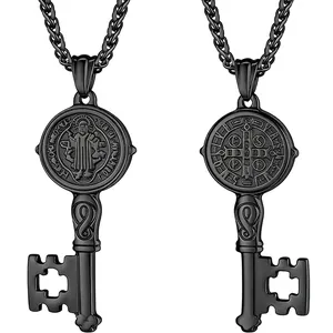 Detailed view of Saint Benedict black stainless steel cross key pendant showing both sides