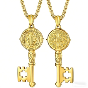 Saint Benedict Medal Key Pendant in gold finish with stainless steel wheat chain