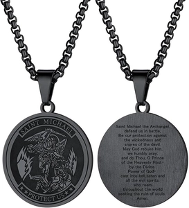 Detailed front and back views of black Saint Michael medal necklace with prayer engraving