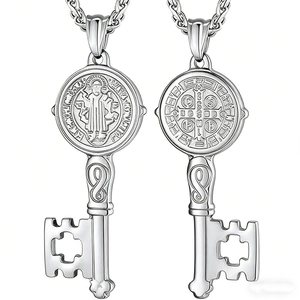 Saint Benedict Medal key pendant necklace in stainless steel with double-sided design