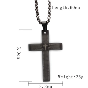 Collier croix homme en acier inoxydable noir avec gravure de prière et dimensions
