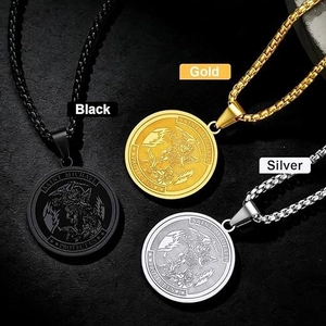 Saint Michael Protect Us medallion necklace in gold, silver, and black stainless steel