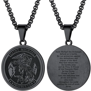 Black stainless steel Saint Michael protection medal necklace with engraved prayer on box chain