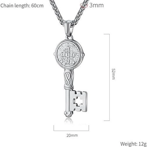 Saint Benedict medal key pendant necklace in stainless steel with 60cm chain dimensions