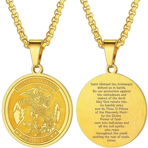 Gold St. Michael Archangel protection medal necklace showing front and back prayer text
