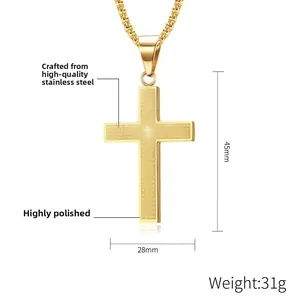 Polished gold stainless steel cross pendant with engraved Lord's Prayer text