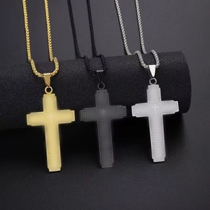 Vintage Stainless Steel Cross Pendant Necklace Engraved The Lord's Prayer Bible Scripture Hip Hop Religious Jewelry For Men Women