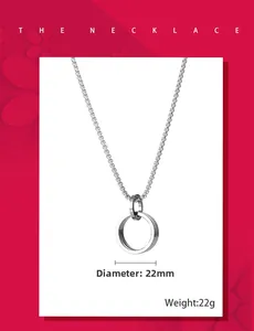 Detail view of double circle titanium steel pendant necklace showing geometry and 22mm diameter
