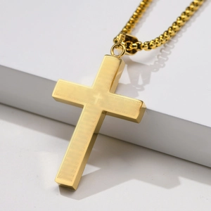 Golden stainless steel cross pendant necklace with Lord's Prayer engraving on beads chain