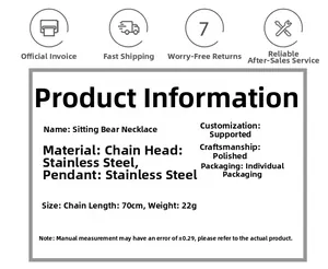 Detailed product specs for 70cm stainless steel teddy bear necklace with polished finish