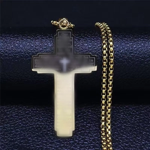 Gold Bible cross necklace for men with engraved Lord's Prayer on a black box chain