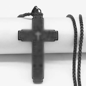 Matte black stainless steel cross necklace with engraved bible verse and matching chain