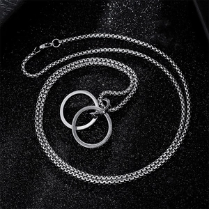 Minimalist double interlocking ring pendant necklace with sturdy stainless steel box chain