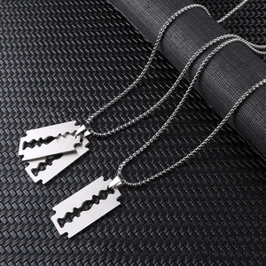Titanium steel razor blade pendant necklace with box chain for men in punk style