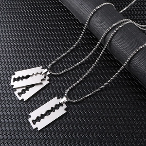Punk Razor Blade Pendant Necklace For Men Women Titanium Stainless Steel Box Chain Brushed Industrial Style Jewelry