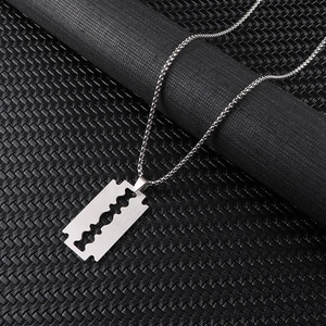 Titanium steel razor blade pendant necklace with silver box chain on black leather
