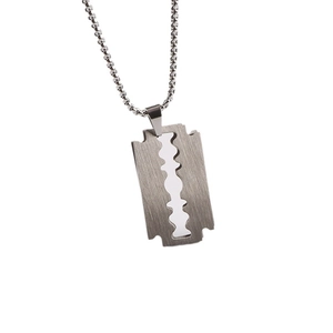 Minimalist stainless steel razor blade pendant necklace with a brushed metal finish