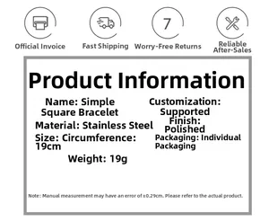 Detailed specifications chart for the 19cm stainless steel glossy square chain bracelet