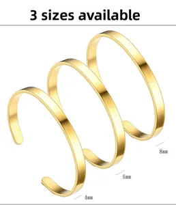 Adjustable golden C-shaped stainless steel bracelets in 4mm, 6mm, and 8mm widths