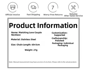 Specifications of stainless steel couple heart necklaces with size and weight details