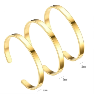 Polished gold C-shaped stainless steel open bangles in 4mm, 6mm, and 8mm widths