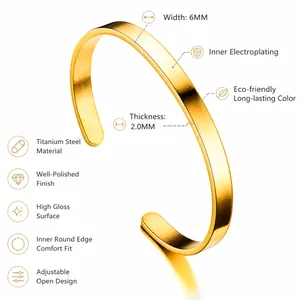 Polished gold titanium steel C-shape open cuff bracelet with 6mm width and adjustable size