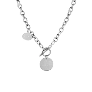 Collier en acier inoxydable argenté avec fermoir OT et pendentifs ronds gravés