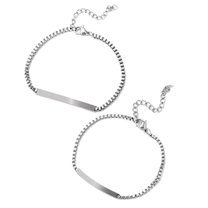 Polished titanium steel box chain bracelets with engravable ID plates for couples
