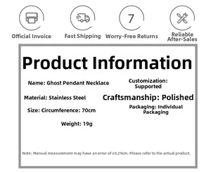 Specifications of stainless steel ghost pendant necklace with 70cm length and 19g weight
