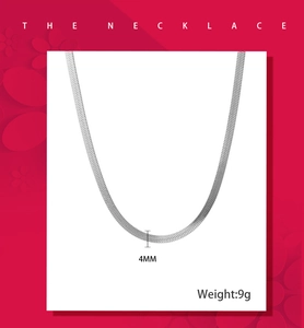 Detail of 4mm wide silver snake bone chain necklace with 9g weight specifications