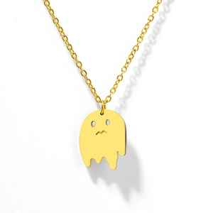 Gold ghost pendant necklace in polished finish with classic link chain for Halloween