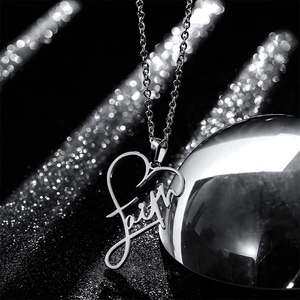 Artistic silver heart Faith pendant necklace in stainless steel with elegant link chain