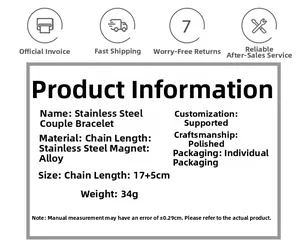 Detailed size specifications for stainless steel magnetic couple bracelets with 17+5cm length