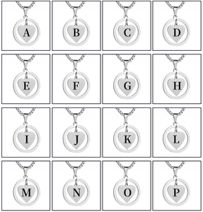 Detail grid of sixteen round hollow heart pendant necklaces with letters A to P in silver finish