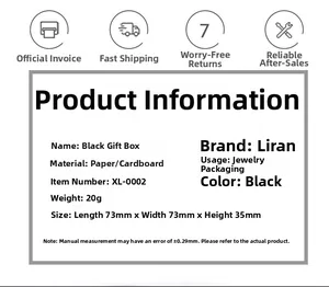 Specifications for black jewelry gift box made of paperboard measuring 73x73x35mm
