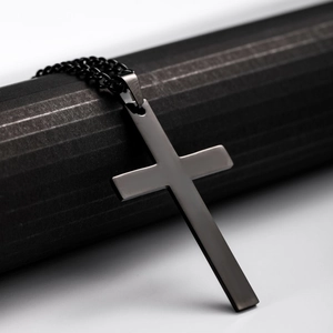 Matte black stainless steel cross necklace for men with matching chain pendant