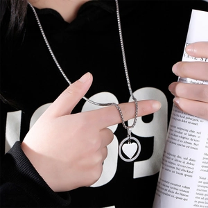 Polished silver heart pendant necklace on square pearl chain for casual wear