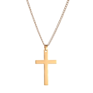 Detailed close-up of a minimalist polished gold cross pendant on a thin O-link chain